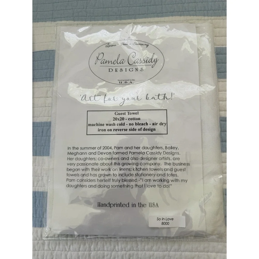 Vintage Pamela Cassidy Guest Towel 20X20 Hand Print Heart Cotton Cottagecore NIB
